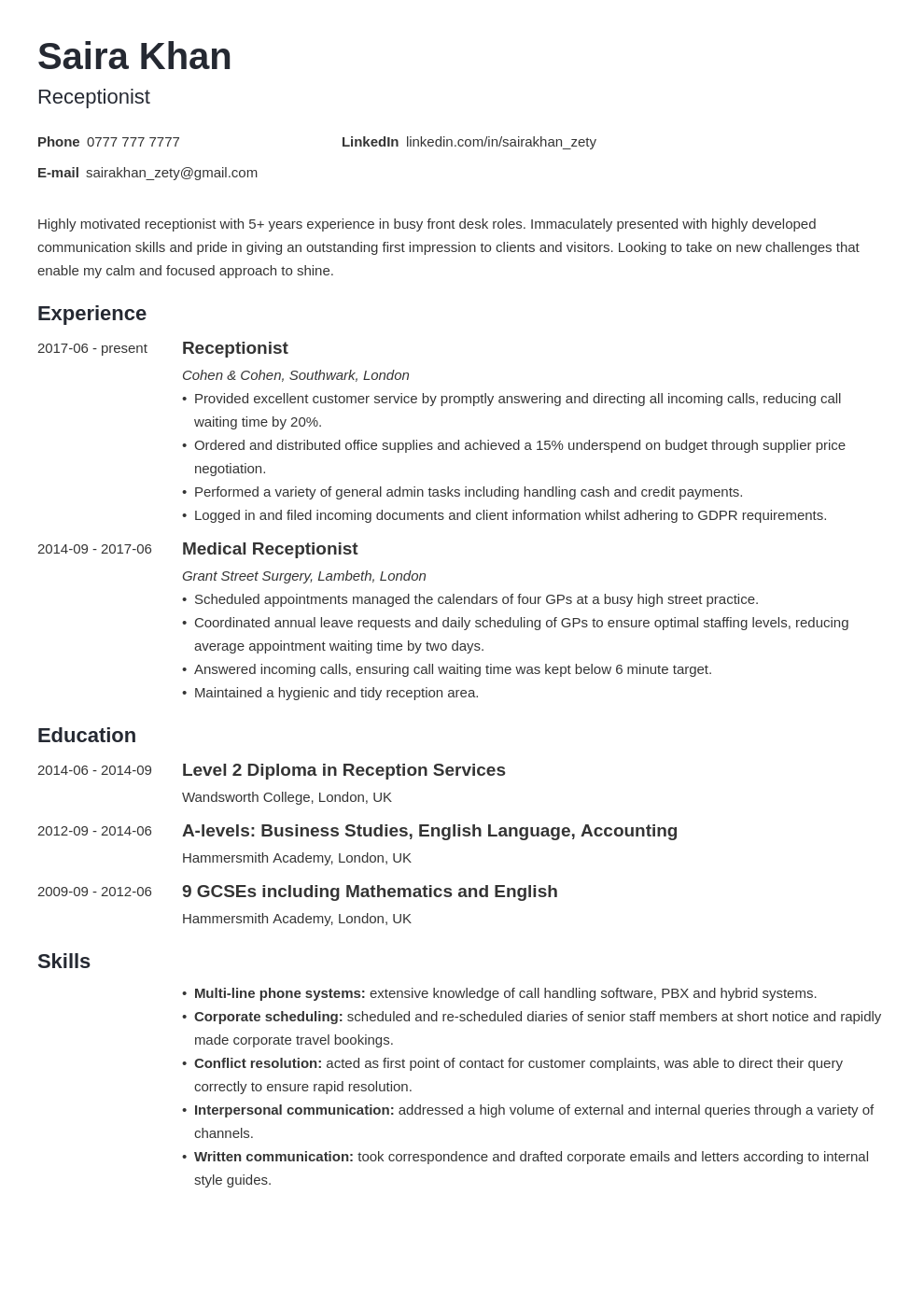 resume examples of receptionist