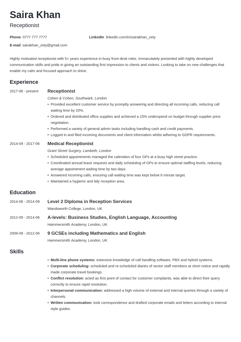 computer skills for receptionist resume