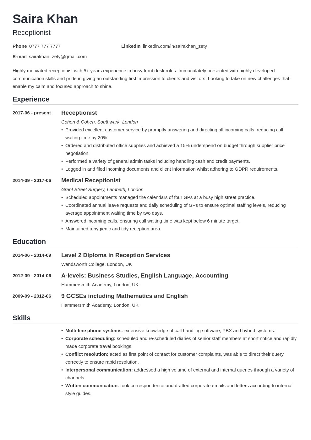 Receptionist CV Sample and Writing Guide