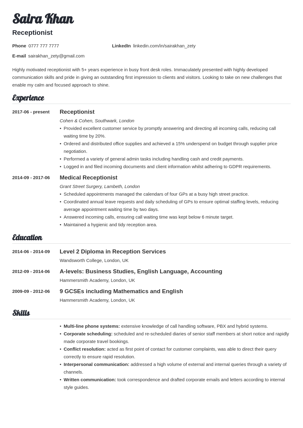 resume profile examples for receptionist
