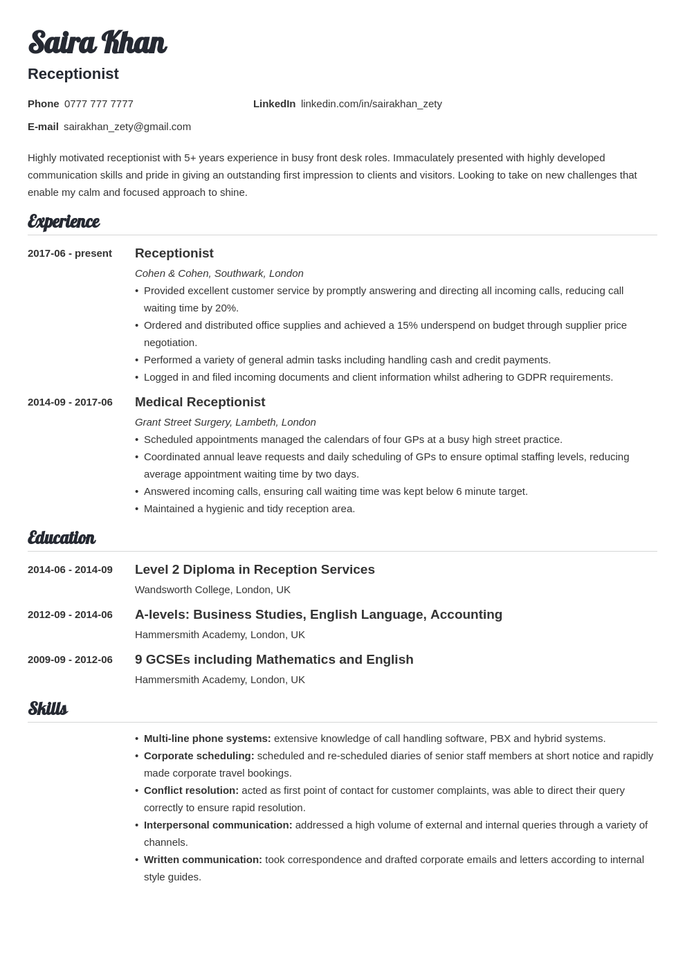 skills needed for receptionist resume