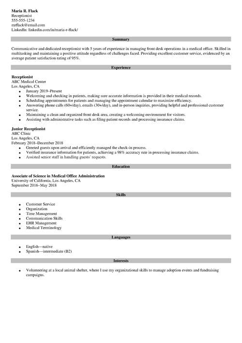 Receptionist job description for a resume