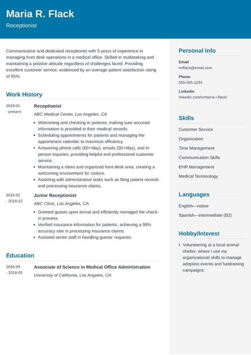 Receptionist job description for a resume