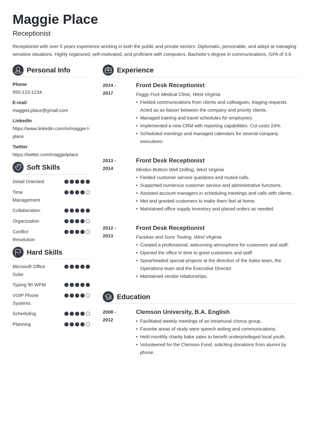 receptionist resume example template crisp