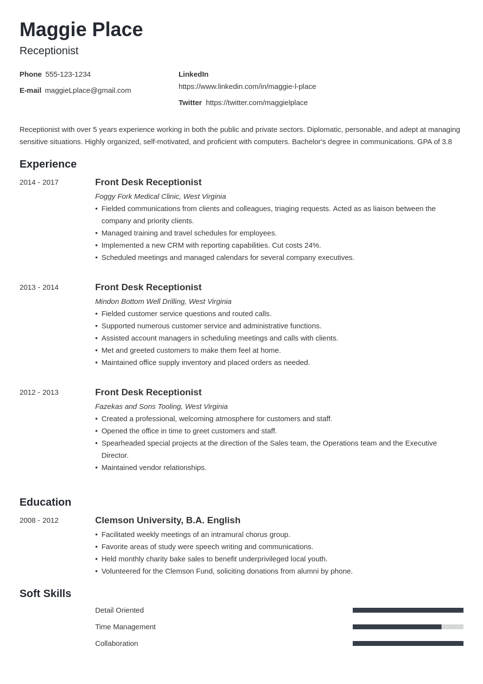 receptionist resume example template minimo