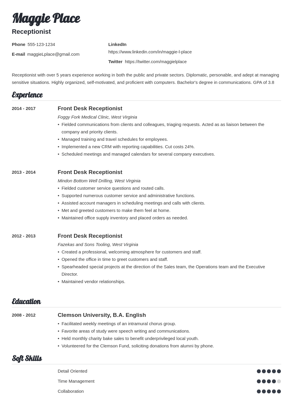 receptionist resume example template valera