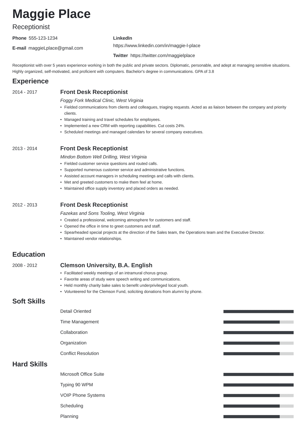 resume for a receptionist