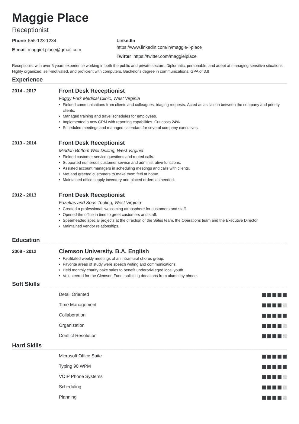 Resume For Front Desk Receptionist Baeti