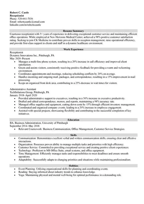 receptionist resume sample