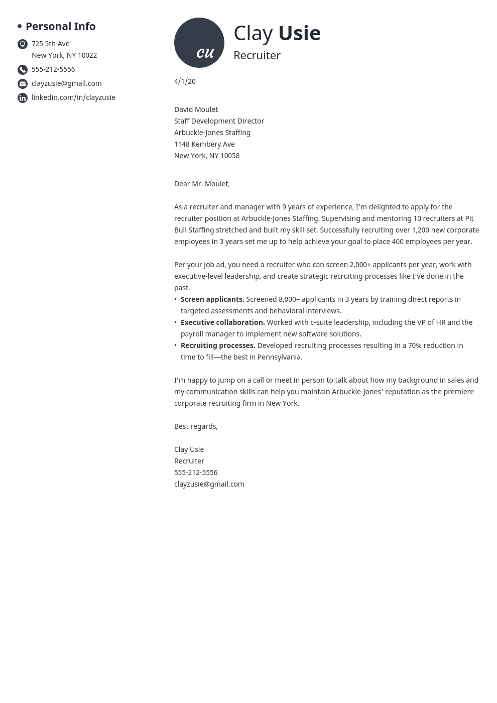 sample cover letter for recruitment specialist