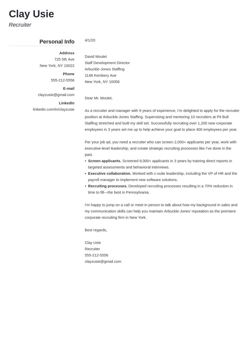 recruitment application letter sample