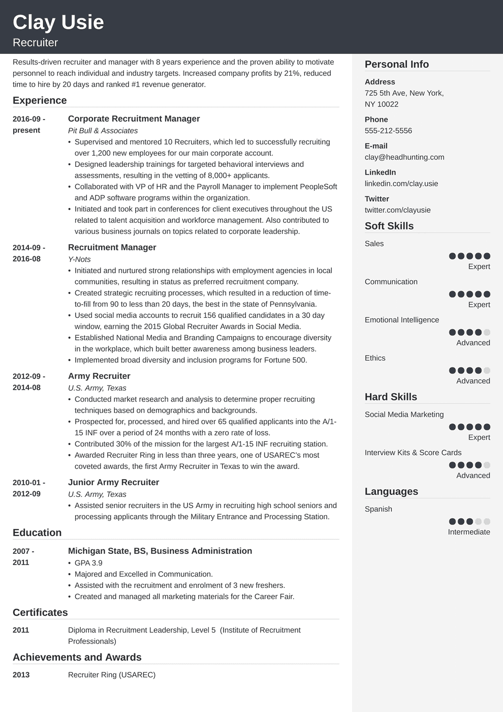 Recruiter Resume Sample Entry Level It Hr Corporate 