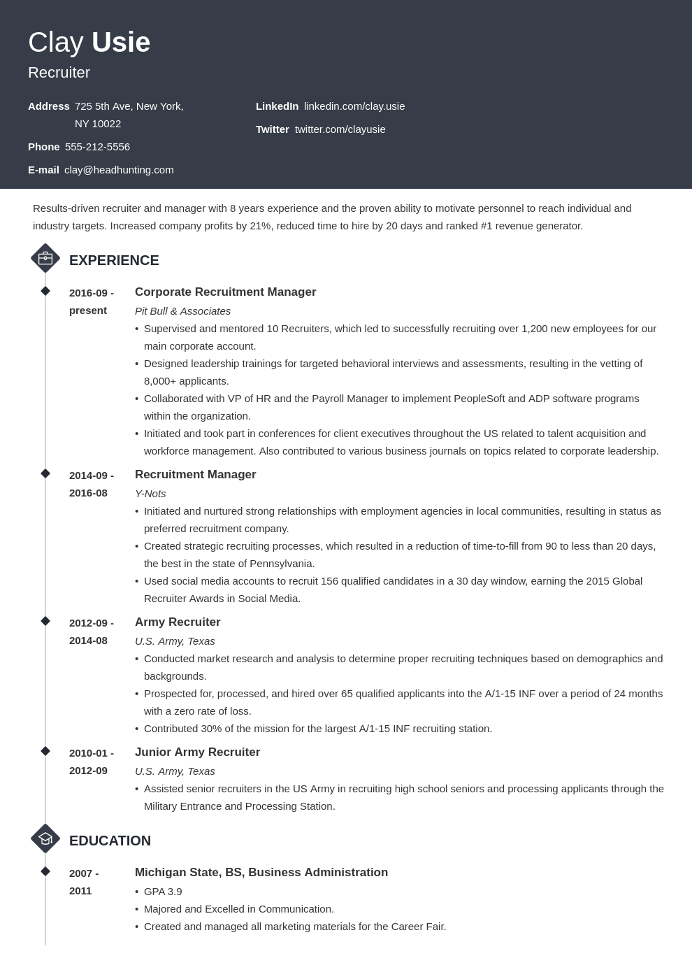 recruiter resume example template diamond