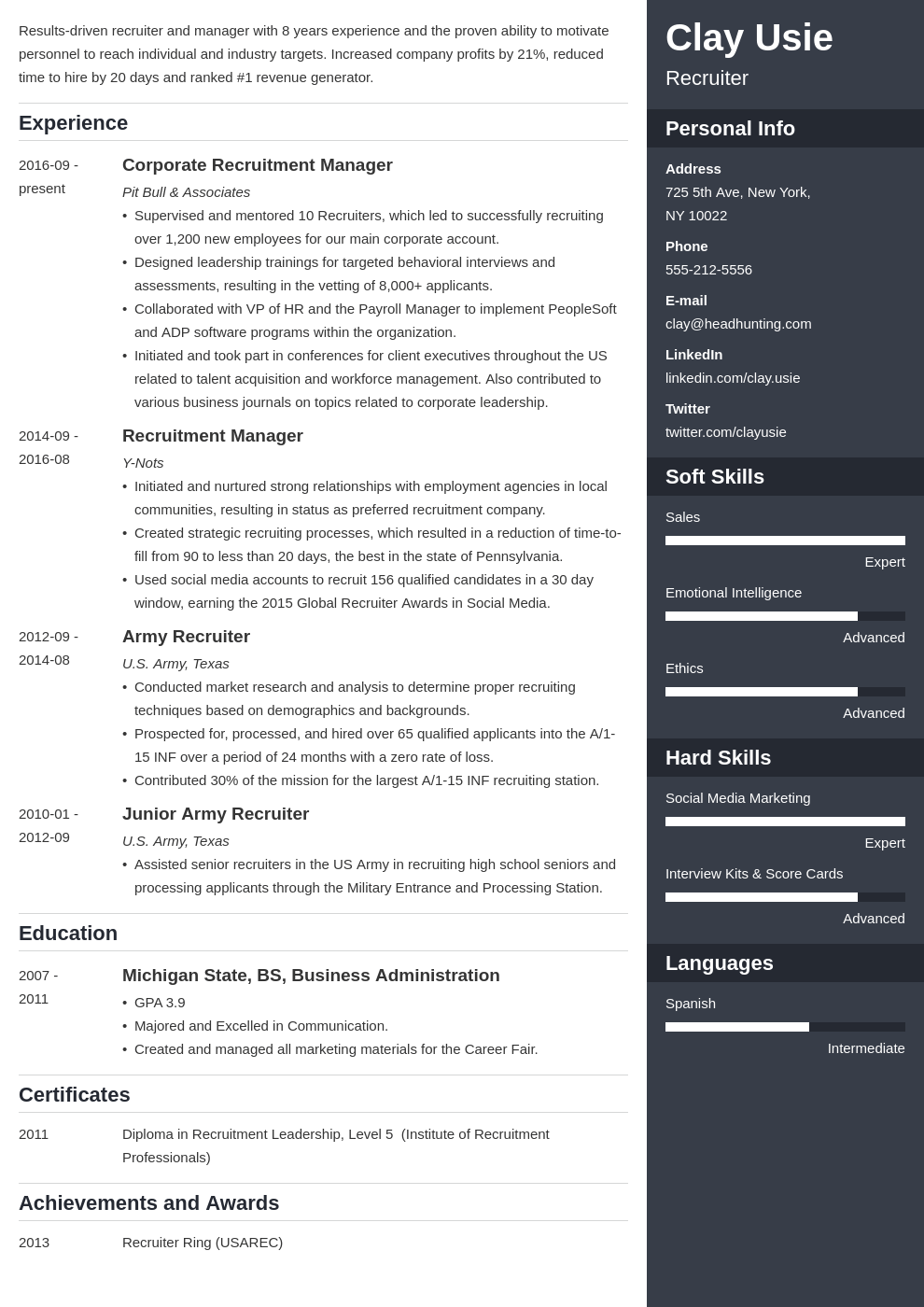 recruiter resume example template enfold