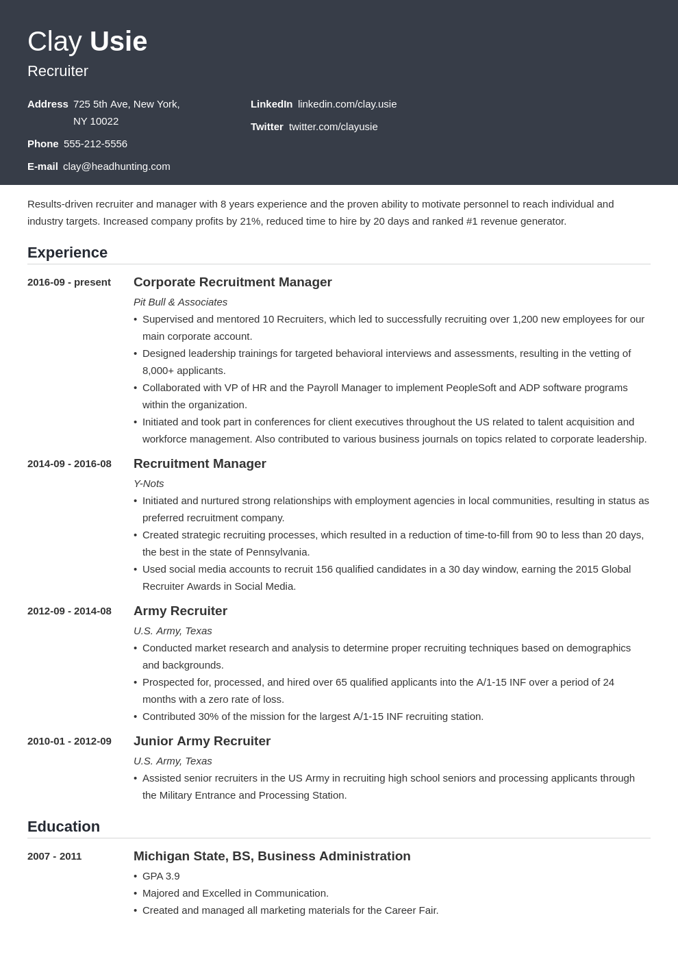 Recruiter Resume Sample [Entry Level, IT, HR, Corporate]
