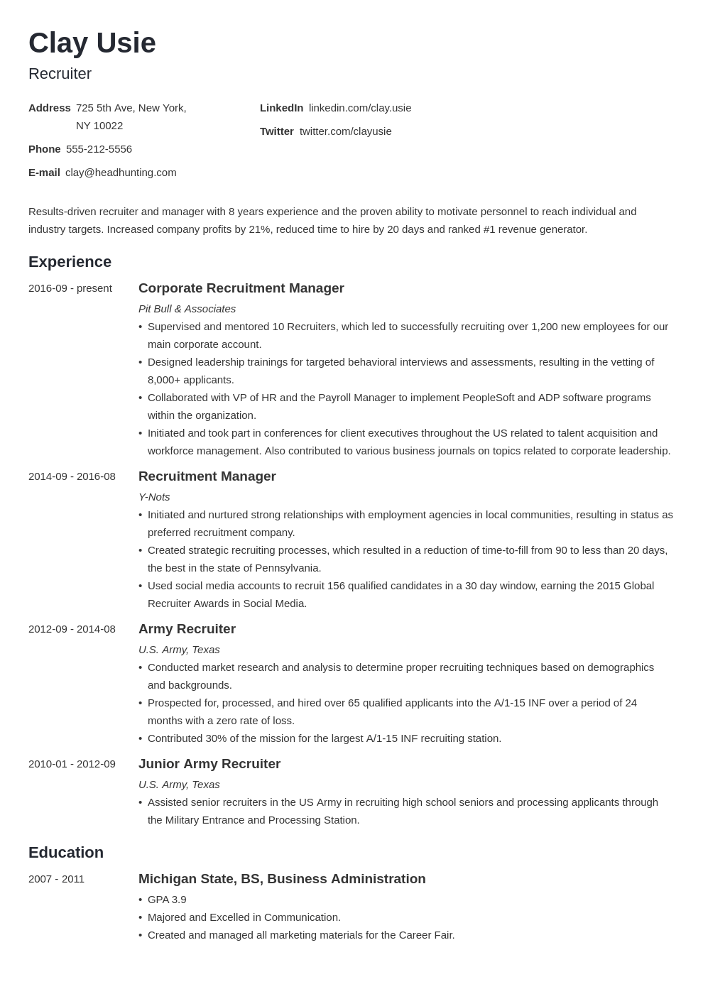 Recruiter Resume Sample Entry Level, IT, HR, Corporate