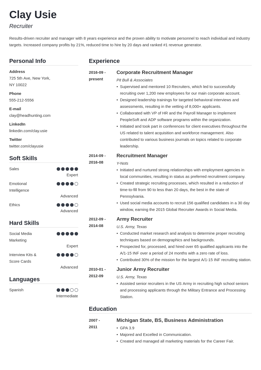 recruiter resume example template simple