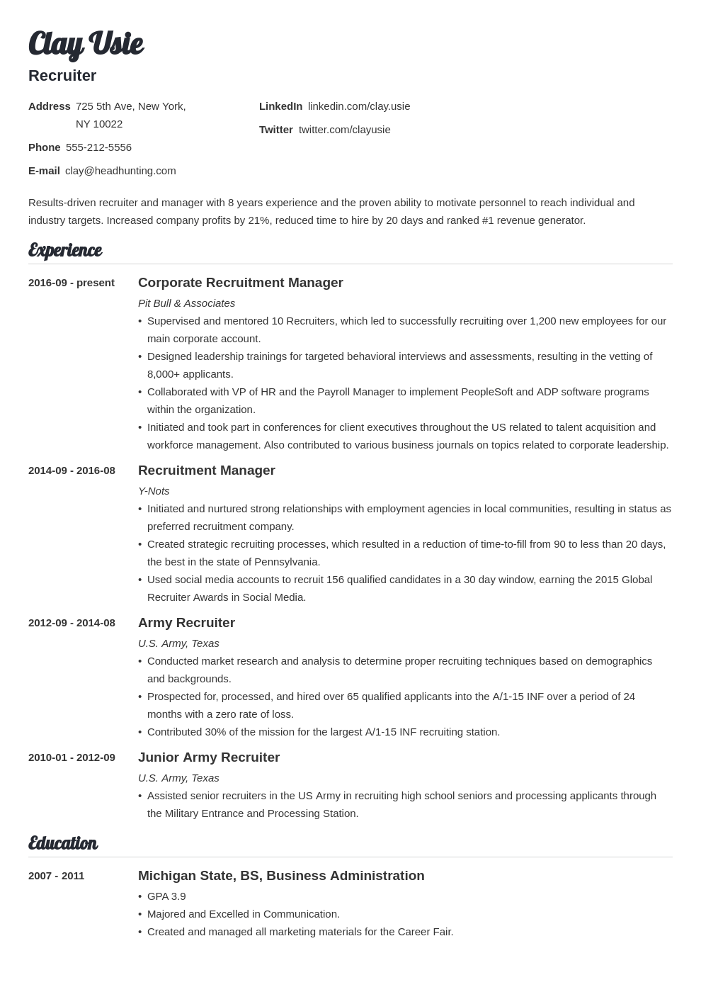 recruiter resume example template valera