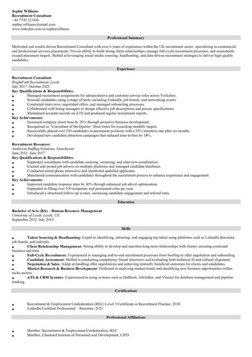recruitment consultant CV examples