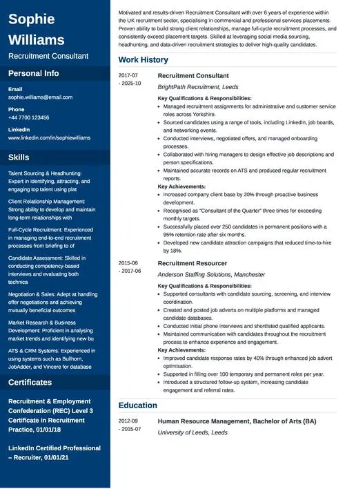 recruitment consultant CV examples