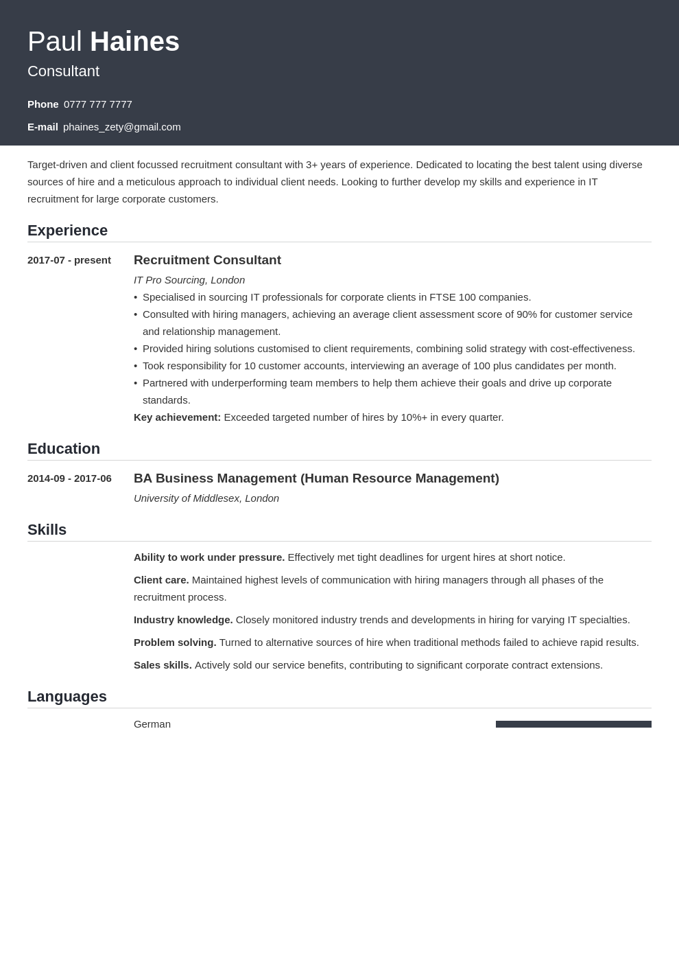 Recruitment Consultant CV Example & Writing Guide