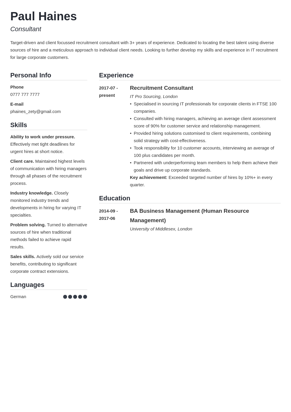 Recruitment Consultant CV Example Writing Guide   Recruitment Consultant Cv Example Template Simple 