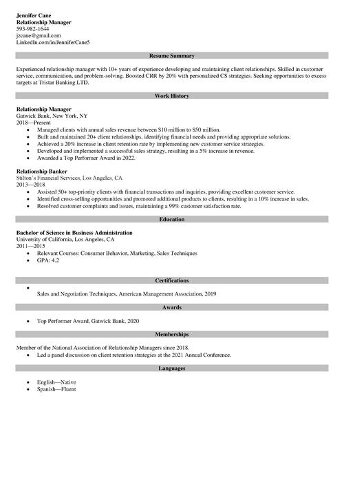 Relationship Manager Resume Sample