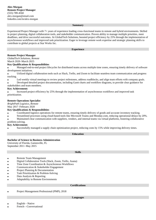 Remote Job Resume Example