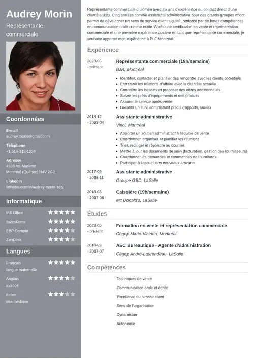 Exemple de CV représentante commerciale pour une réorientation de carrière avec photo et colonne latérale grise