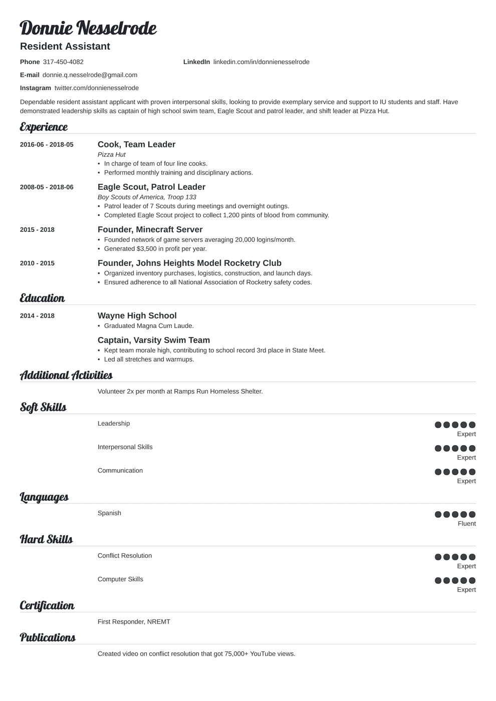 Resume For Resident Assistant