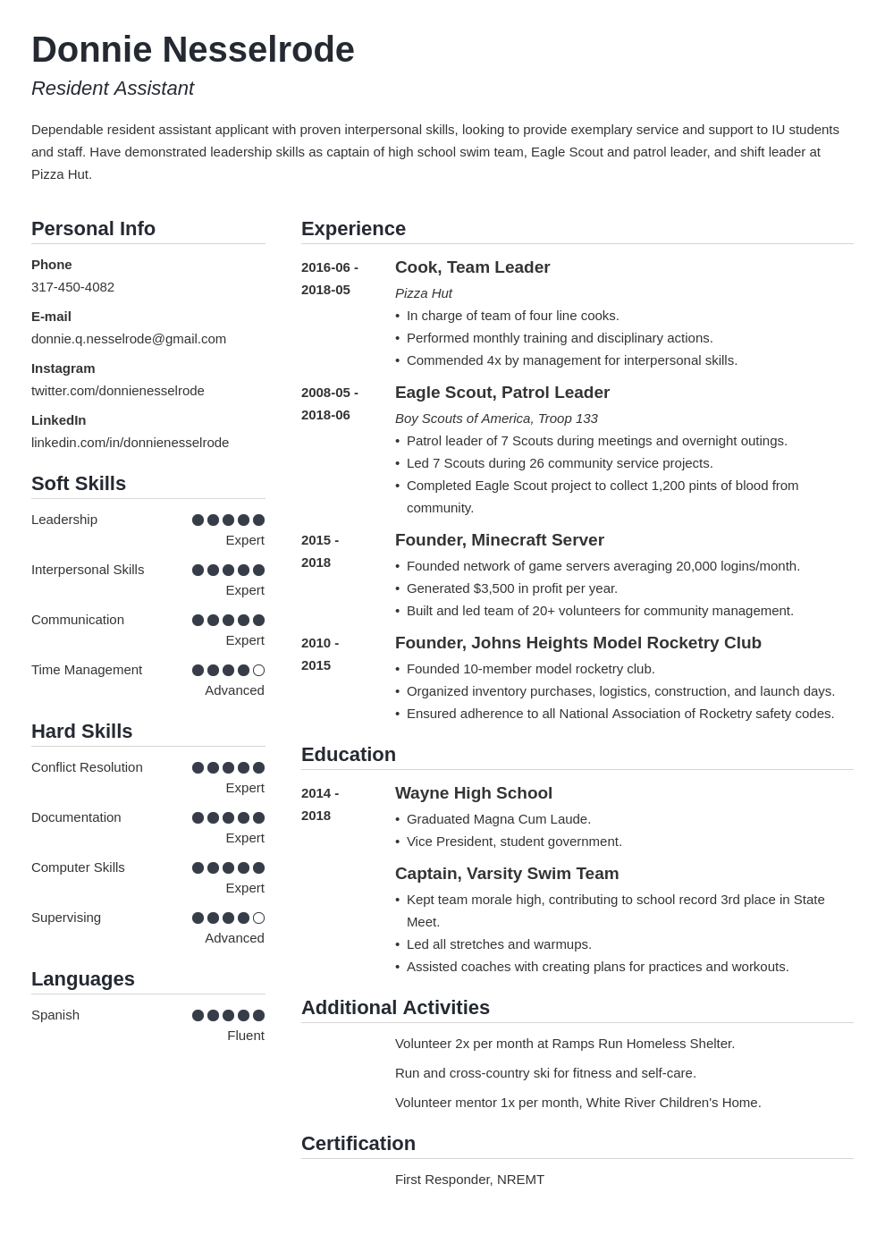 resident assistant resume example template simple