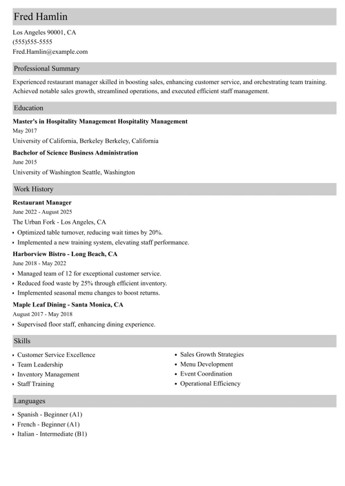 Restaurant resume example