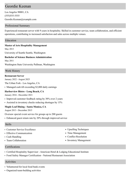 Restaurant Server Resume Sample