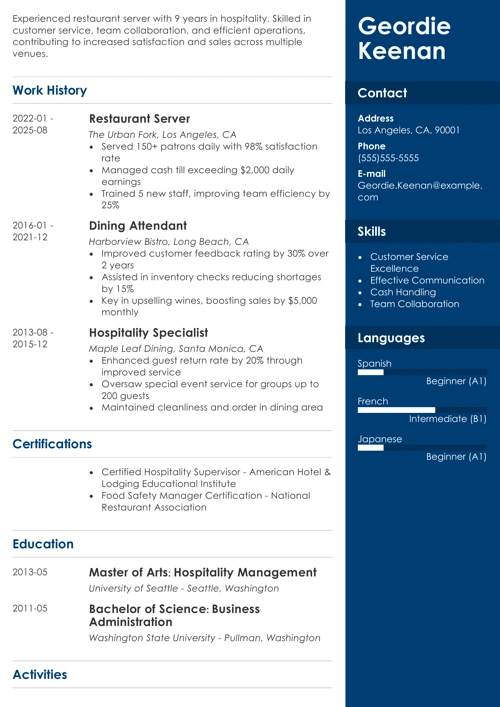 Restaurant Server Resume Sample