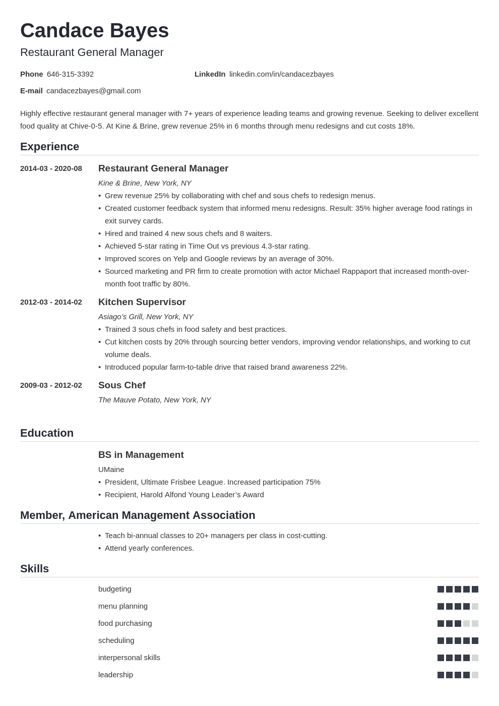 resume sample for general manager position