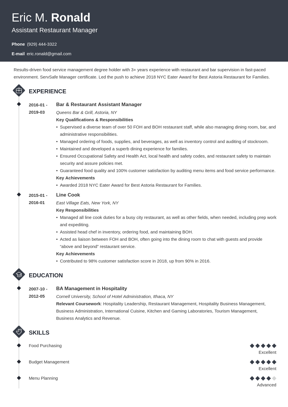 restaurant manager job description for resume