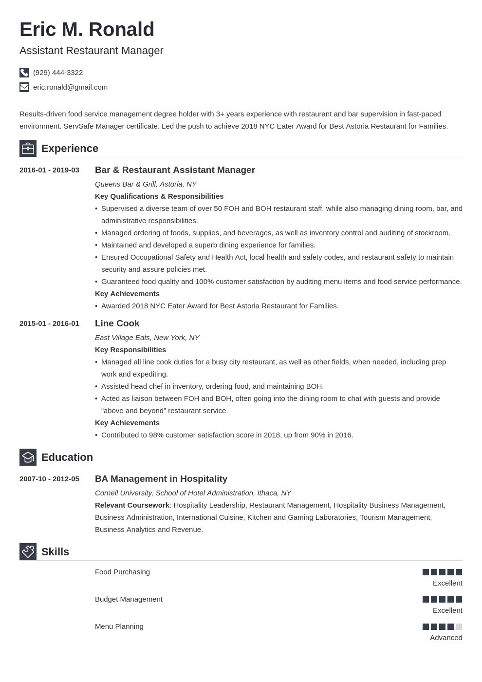 Restaurant Manager Resume Examples Job Description, Skills