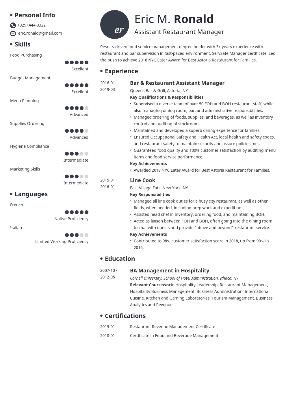 restaurant manager resume example template initials