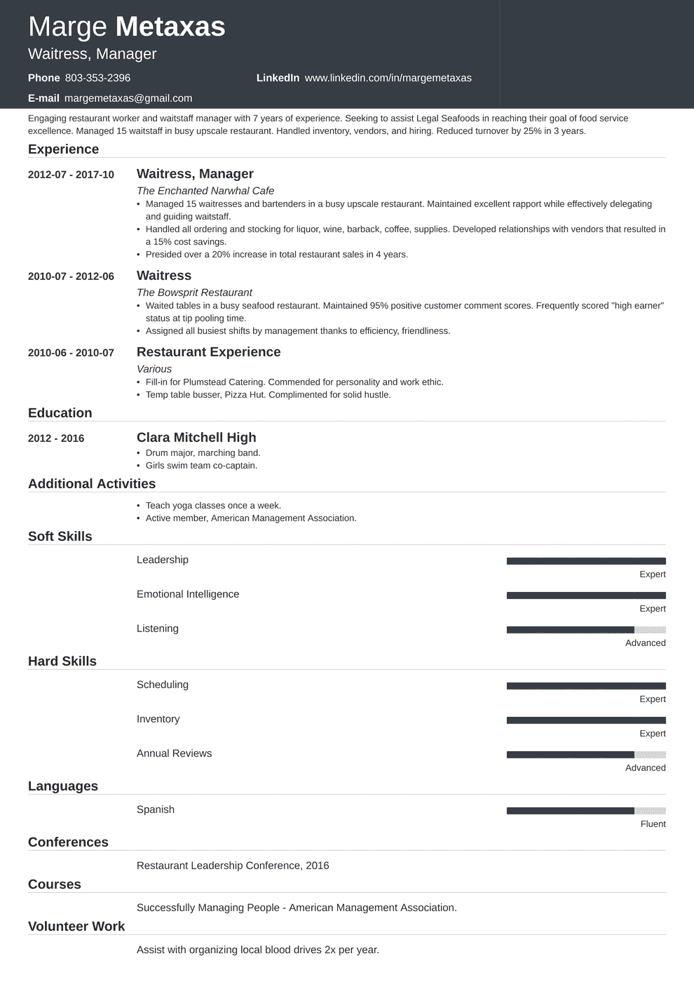 Restaurant Resume Examples Template With Skills Objective