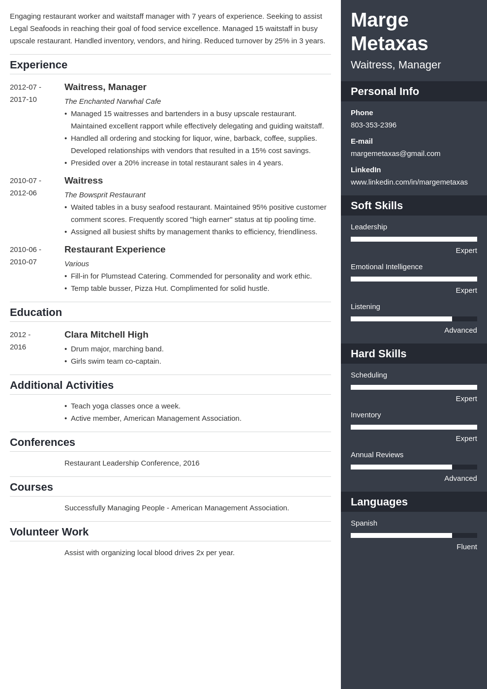 restaurant resume example template enfold