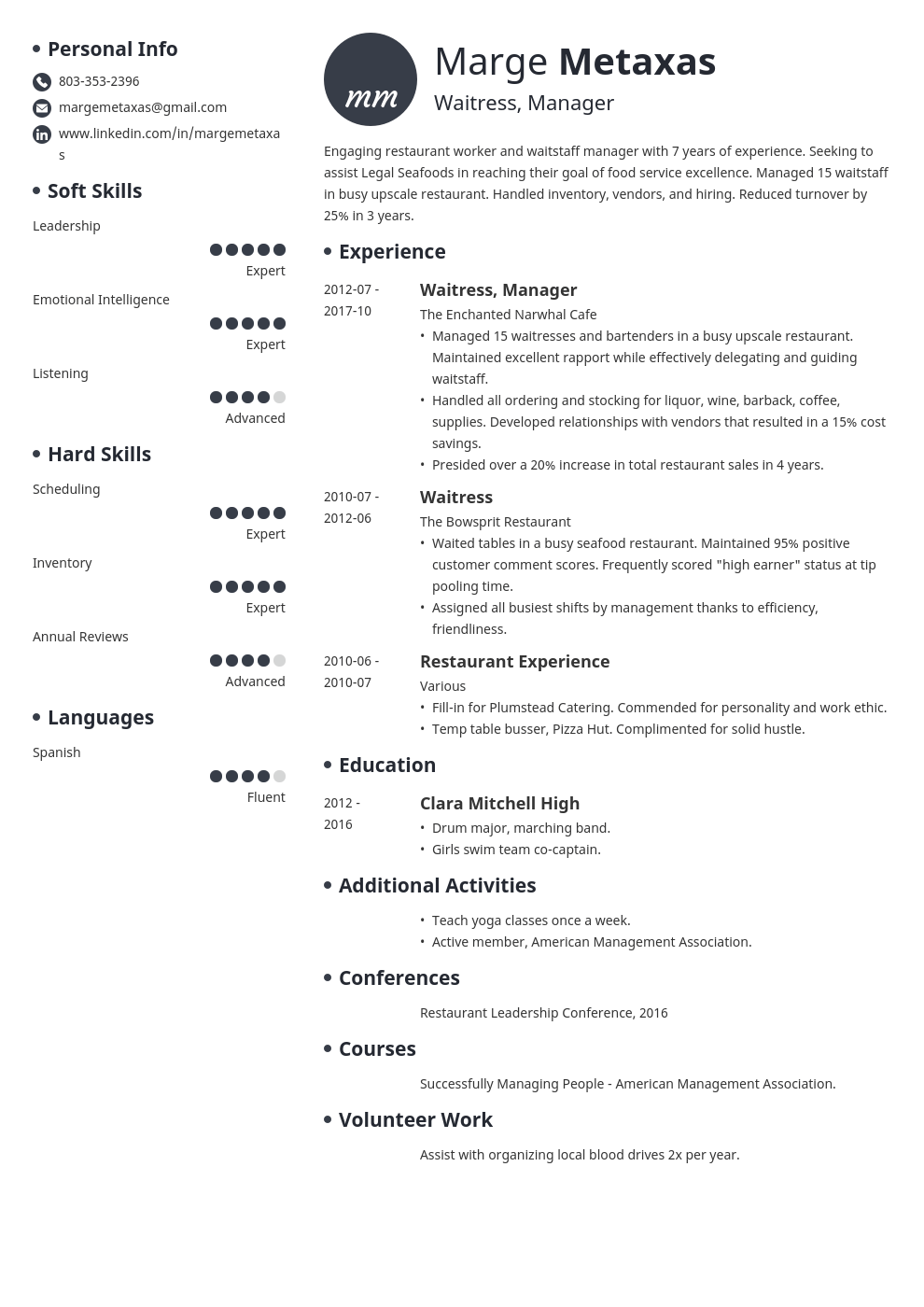 Restaurant Resume Examples Template with Skills & Objective