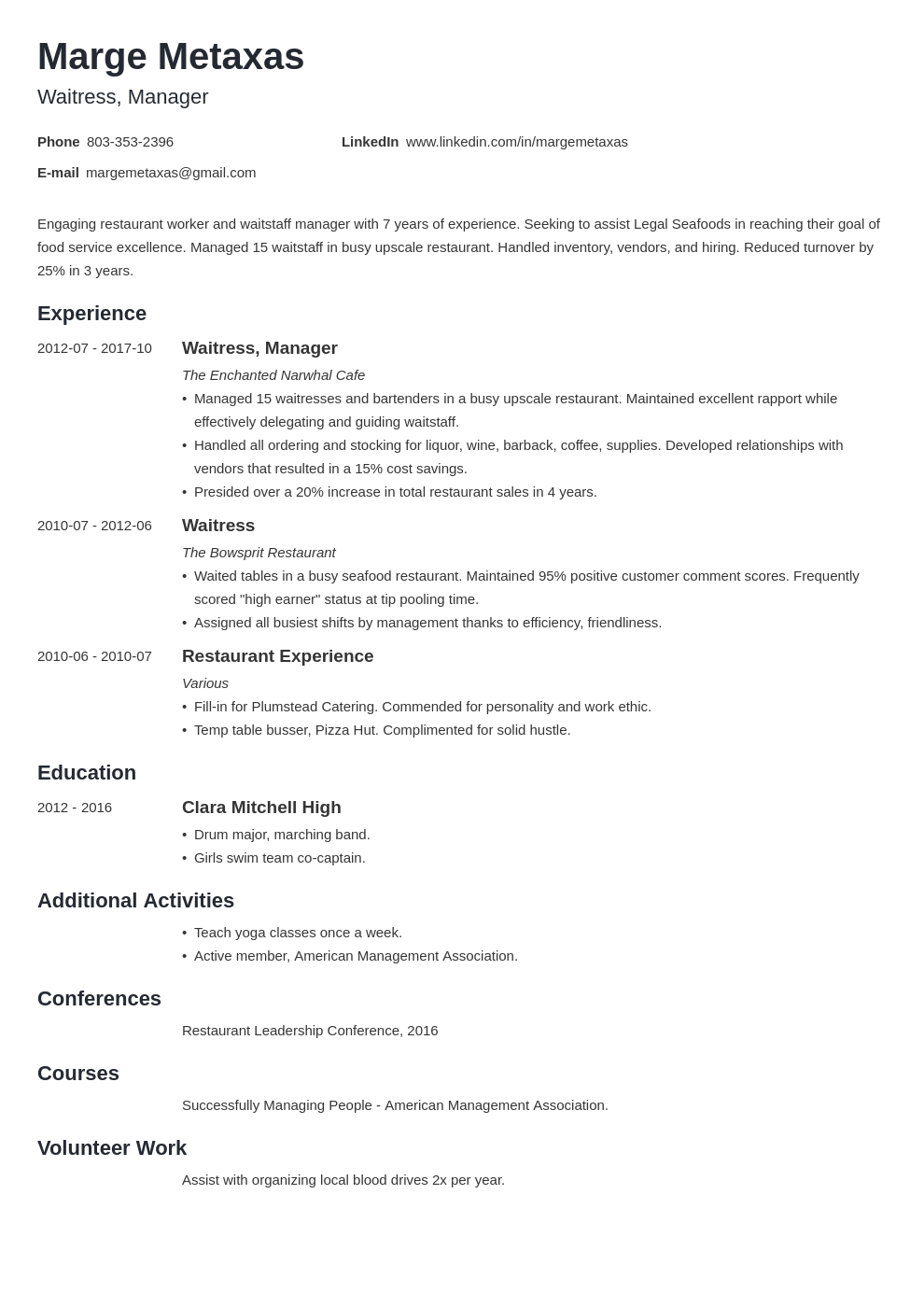Free Restaurant Resume Templates FREE PRINTABLE TEMPLATES