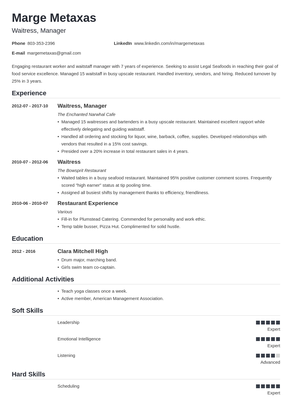 restaurant resume example template nanica