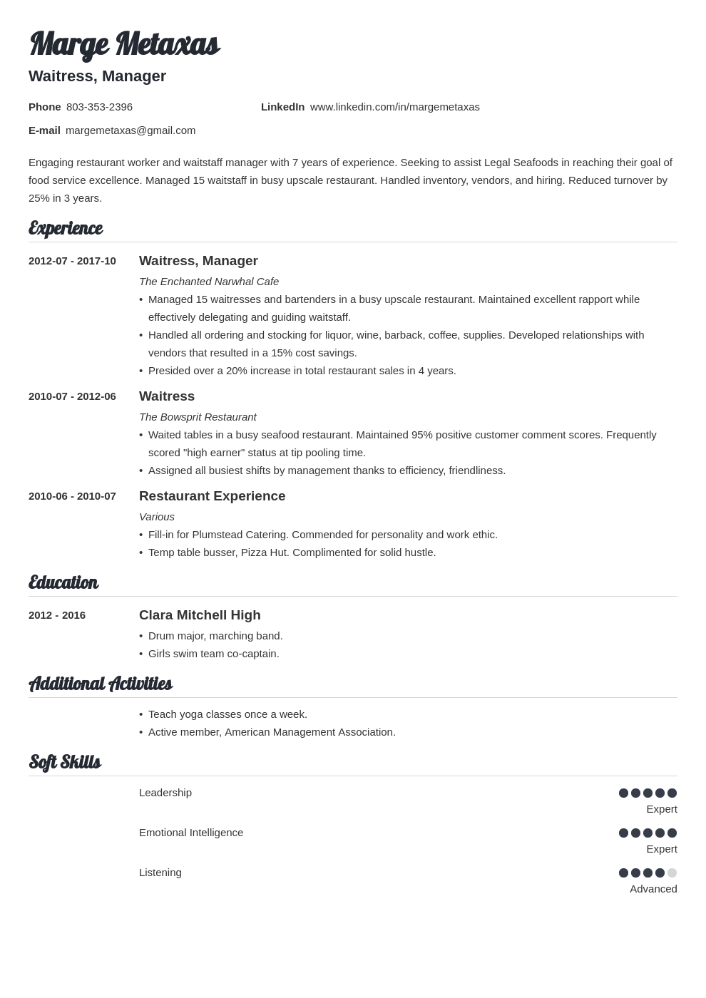 Restaurant Resume Examples Template With Skills Objective