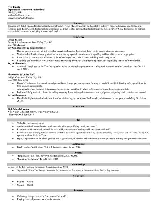 Restaurant resume example