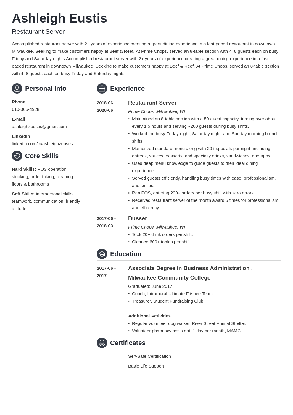 Restaurant Server Resume Examples And Writing Guide   Restaurant Server Resume Example Template Crisp 