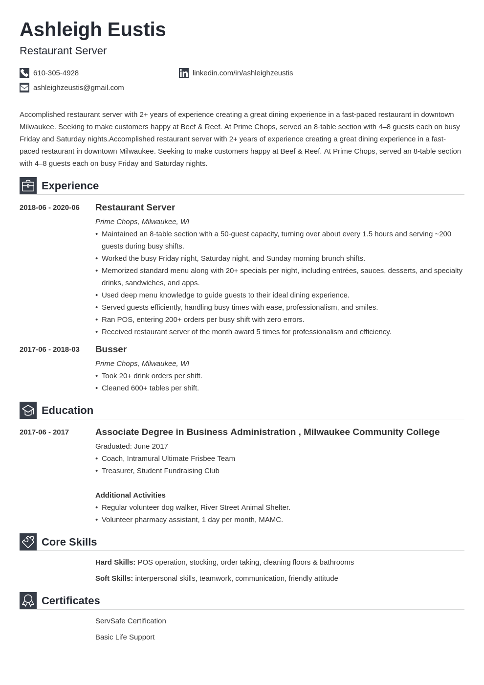 restaurant skills resume examples