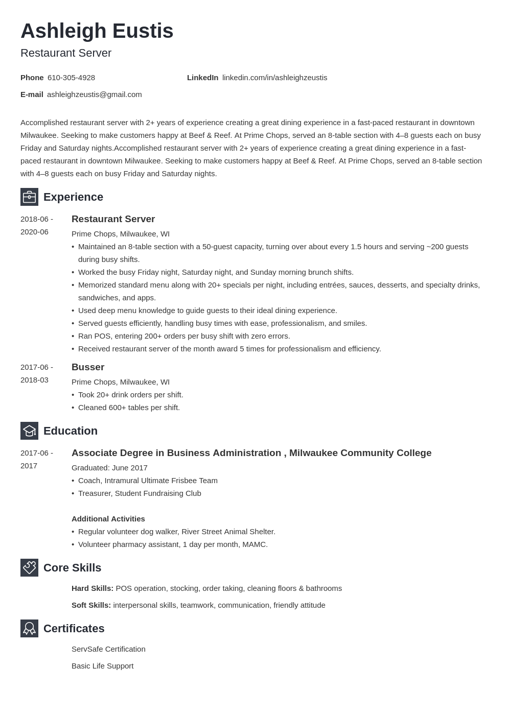 resume job description server