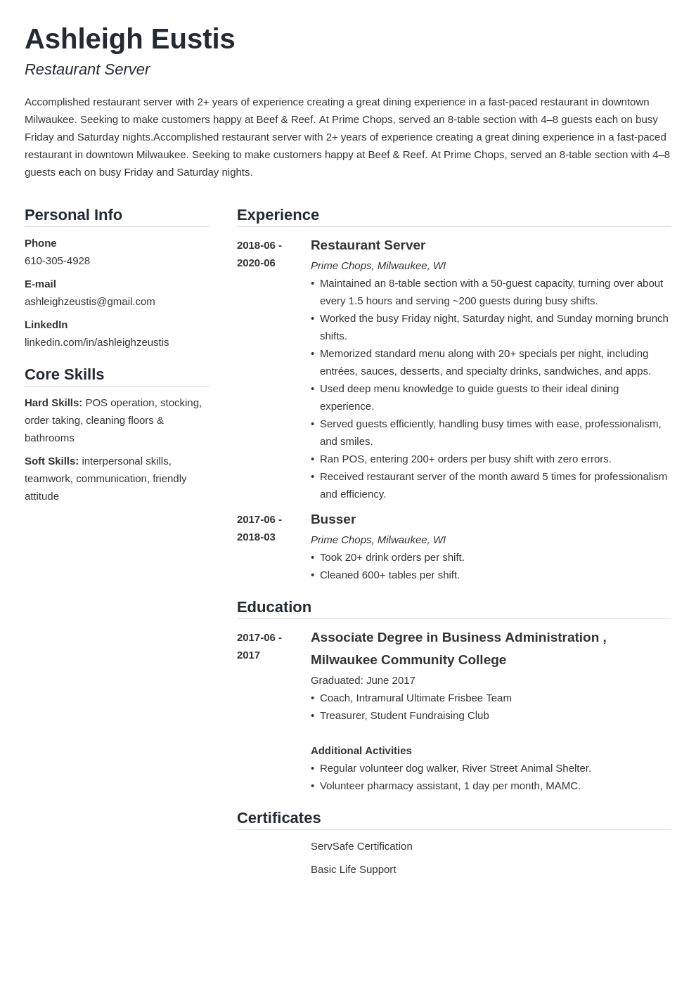 Restaurant Server Resume Examples and Writing Guide