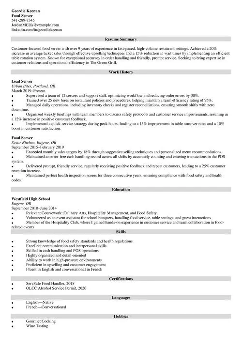 Restaurant Server Resume Sample